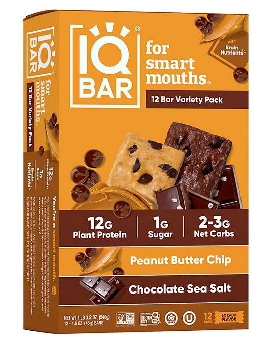 IQ Bar Peanut Butter Chip & Chocolate Sea Salt - 12 Bar Variaty Pak (6 Each flavor)